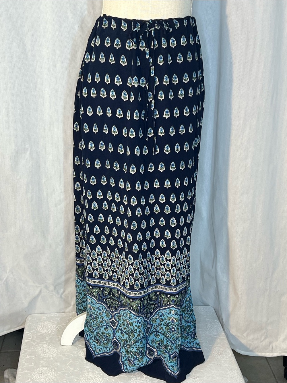 Angie Maxi Skirt Blue Green Boho Crinkled Rayon Drawstring Waist Slit Side L👍